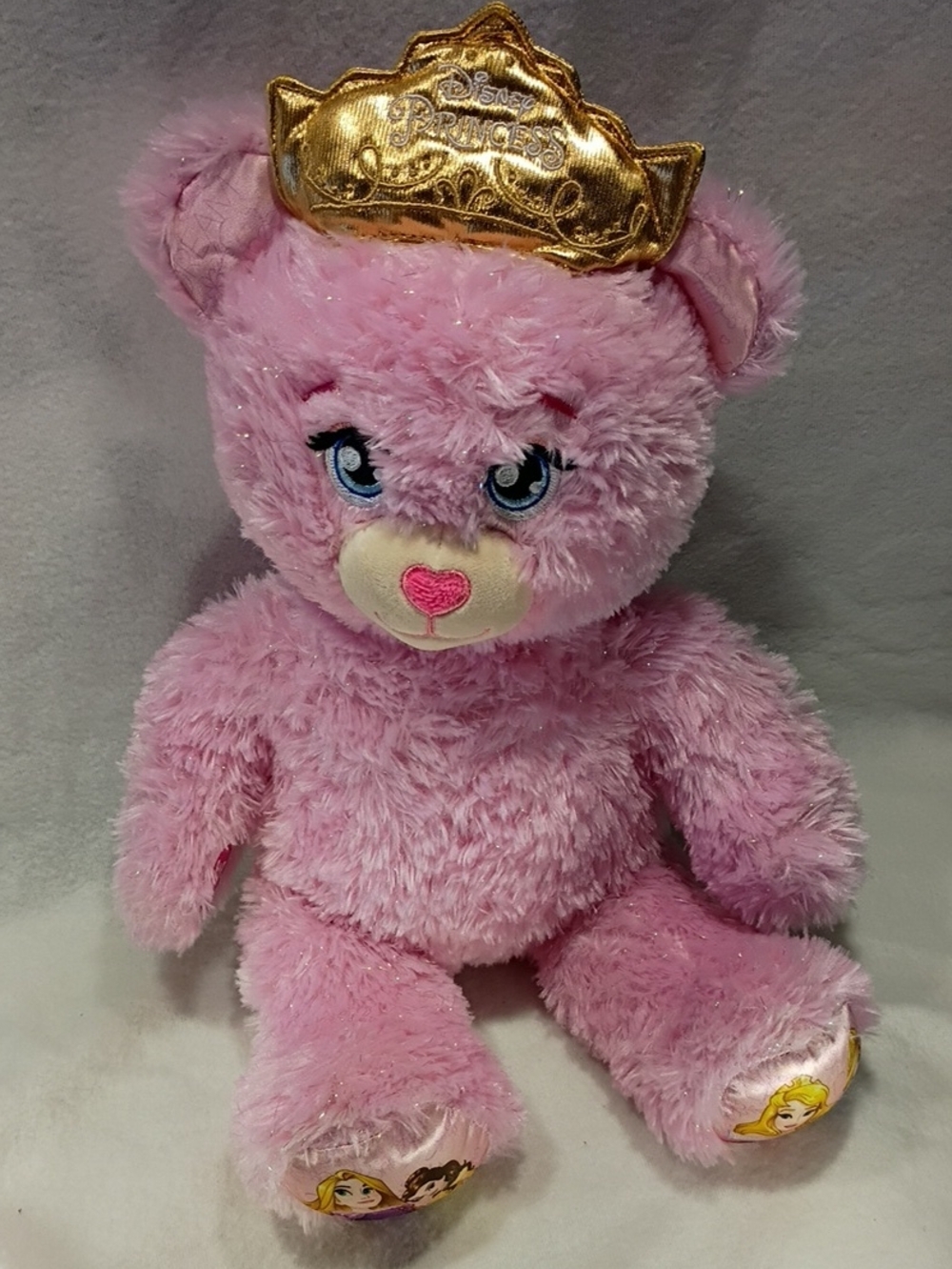 EUC Build a Bear Disney Princesses Sparkle Pink Bear w/ Light Up Crown 2016